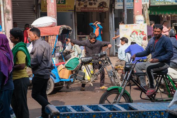 Morning Street Scene with Cycle Rickshaws in Old Delhi (Khari Baoli Area) Delhi, India