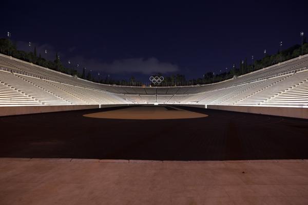 Panathenaic Stadium at Night with Olympic Rings Athens, Greece