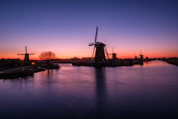 Romantic Dutch Sunset with Windmills Molenlanden, Netherlands